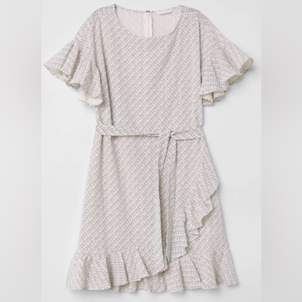 H&M Faux Wrap 100% Cotton mini dress, beige patterned women’s size 6